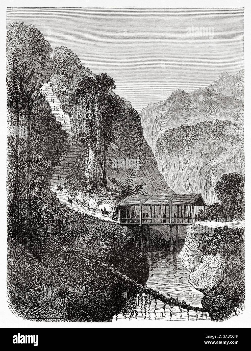 Überdachte Holzbrücke an der Tondano Road, Sulawesi Island. Celebes. Indonesien, Asien. Zeichnung von Hubert Clerget (1818–1899) Reise zum Malaiischen Archipel, 1861–1862, von Alfred Russel Wallace (1823–1913) Le Tour du Monde 1872 Stockfoto