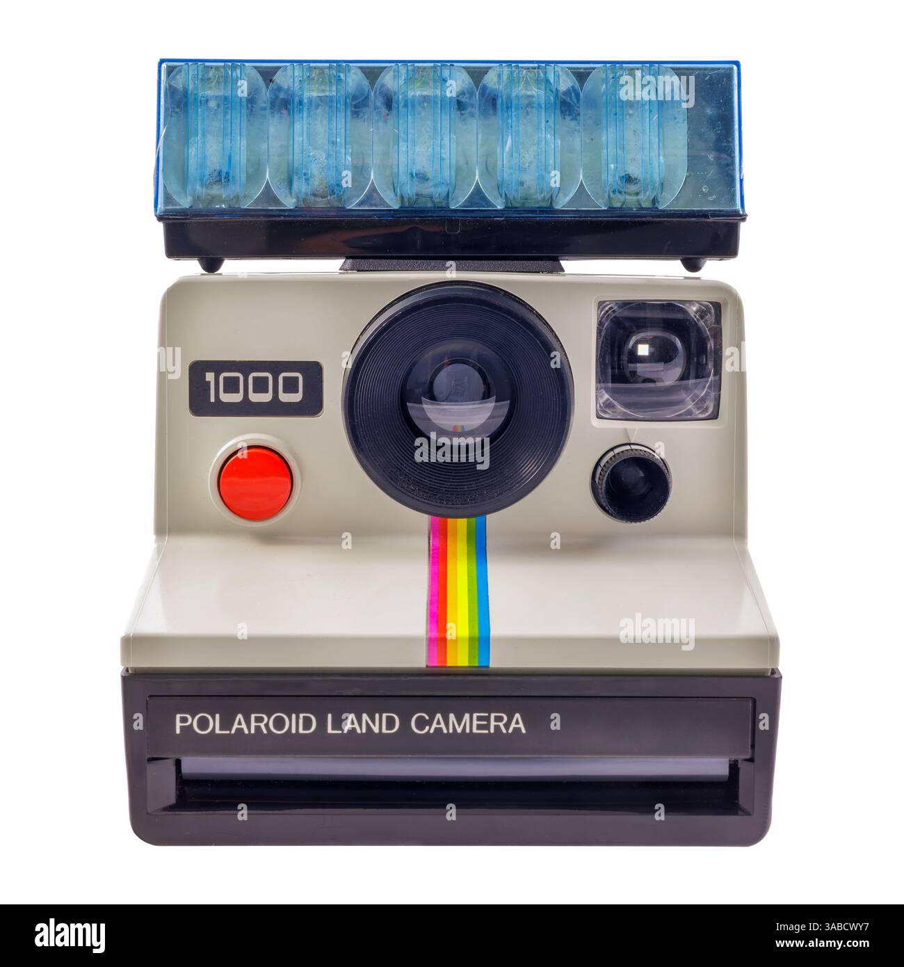 Dieren, Niederlande - 27. Oktober 2023: Alte Polaroid-Sofortbildkamera mit Blitz vor weißem Hintergrund in Dieren, Niederlande Stockfoto