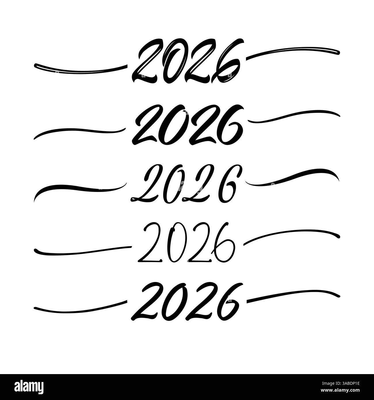 Set aus den Ikonen des Happy New Year 2026, künstlerische Linien, Schwarz-weiß-Konzepte. Dekorative Ränder. Text-Trennzeichen. Horizontales Design. Rahmenelem Stock Vektor