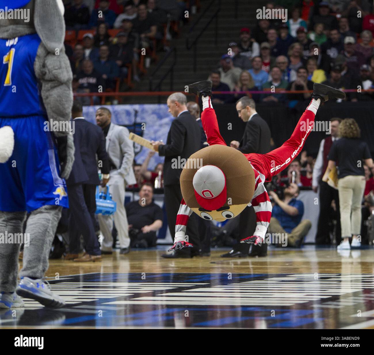 15. März 2018: Boise, ID, USA – Brutus the Buckeye ist in der ersten Runde des NCAA Tournament West Regional am Donnerstag, den 15. März 2018, in der Taco Bell Arena in Boise, Idaho, mit Jack the Jack Rabbit aus South Dakota beschäftigt. Ohio State Advanced, 81-73. (Kreditbild: © darin Oswald/TNS via ZUMA Wire) Stockfoto 15. März 2018: Boise, ID, USA – Brutus the Buckeye ist in der ersten Runde des NCAA Tournament West Regional am Donnerstag, den 15. März 2018, in der Taco Bell Arena in Boise, Idaho, mit Jack the Jack Rabbit aus South Dakota beschäftigt. Ohio State Advanced, 81-73. (Kreditbild: © darin Oswald/TNS via ZUMA Wire) Stockfoto