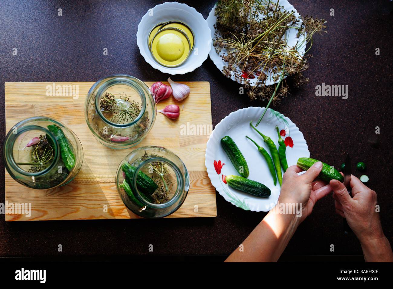Blick von oben, frische Gurken mit Dill und Knoblauch in Glasgläsern zu Hause konservieren Stockfoto