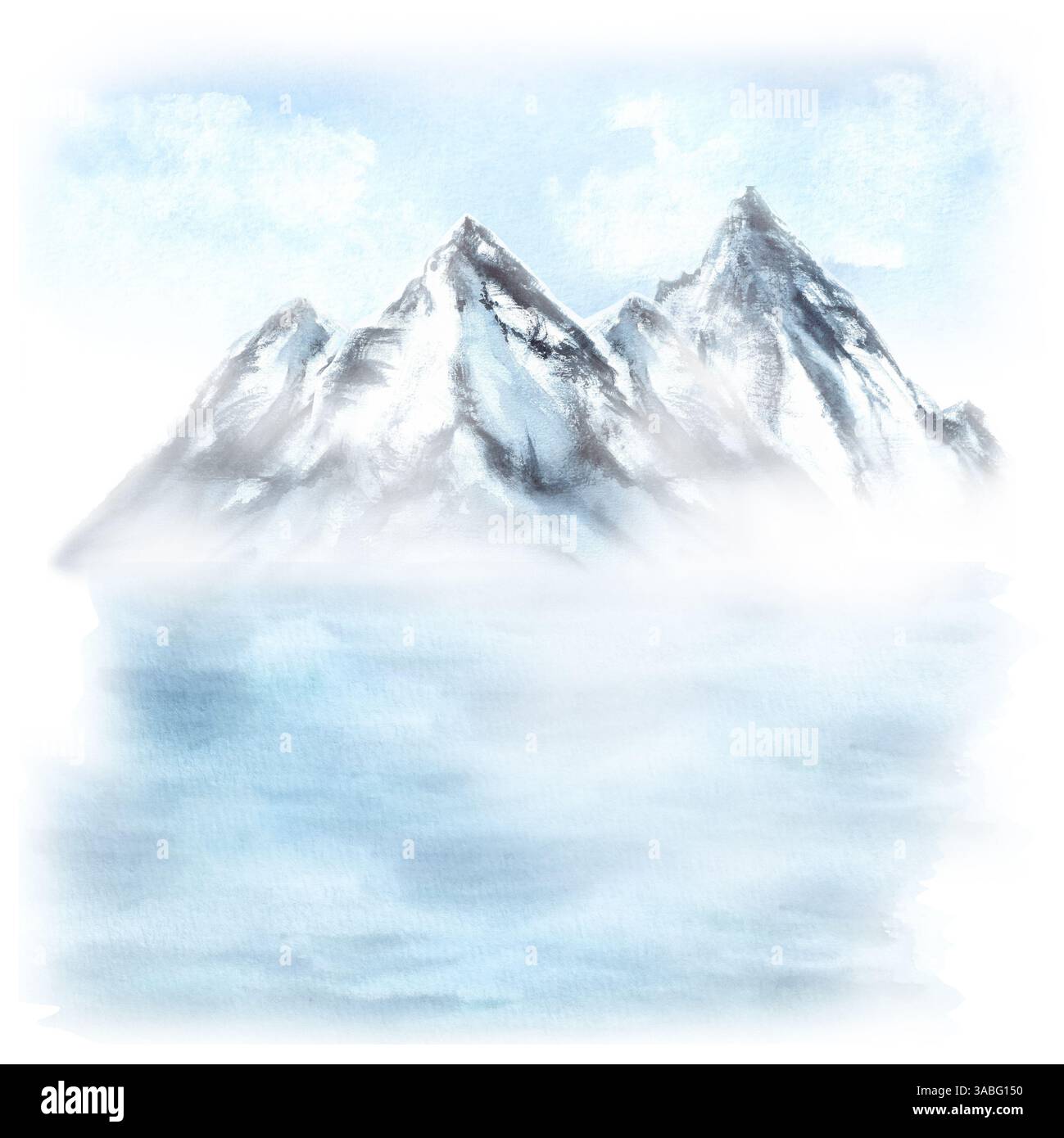 Blauer Berg, See, blauer Himmel Landschaft Hintergrund. Reise-Clipart. Meereslandschaft. Handgezeichnete Aquarellillustration. Für Postkarten, Briefe, Einladungen Stockfoto