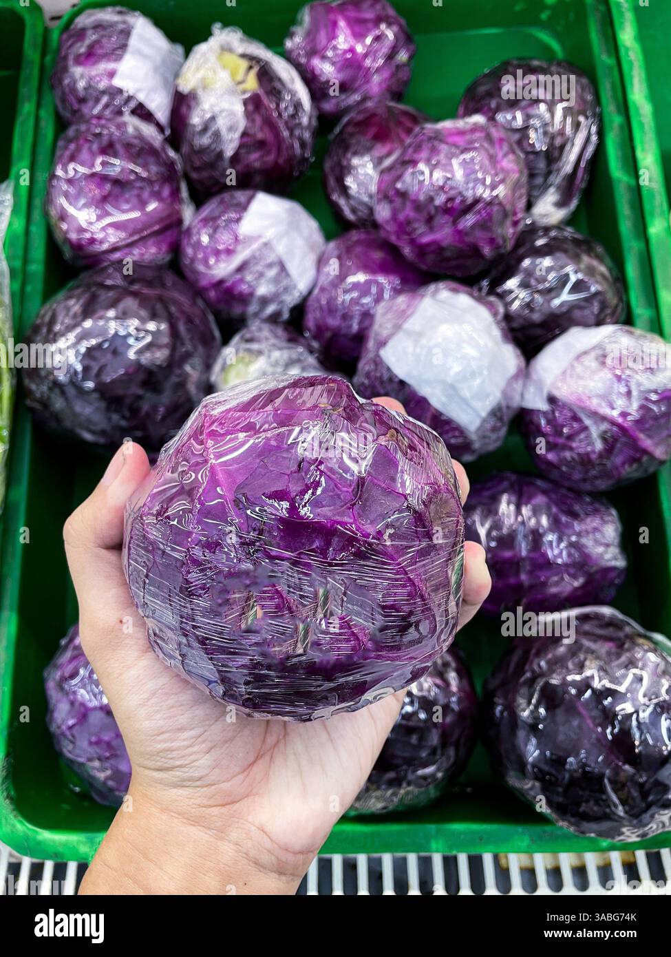 Hand mit frischem, reifem Rotkohl, verpackt in Plastikfolie im Supermarkt - Smartphone-aufgenommenes Stockfoto
