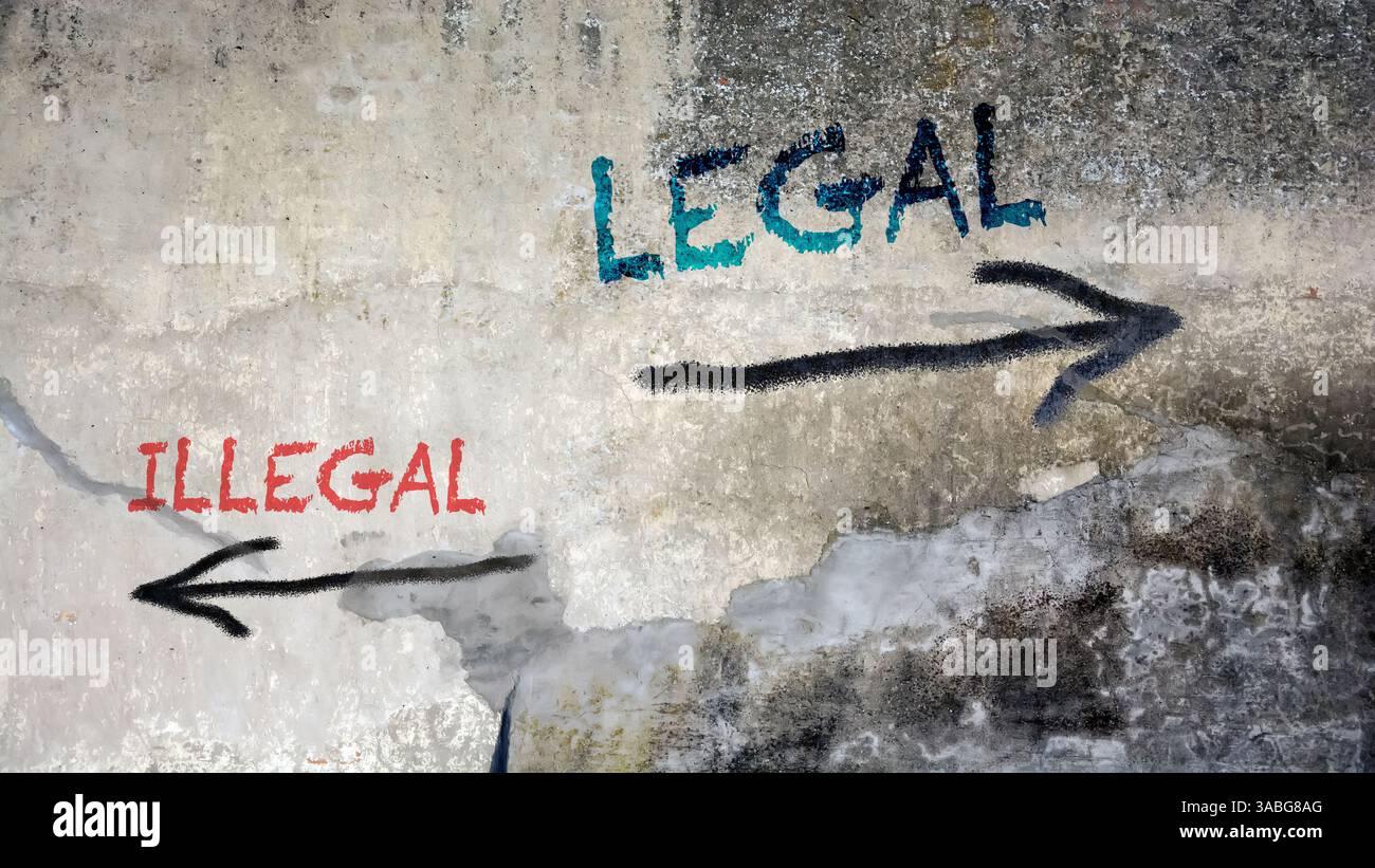 Ein Bild mit einem Wegweiser, der in zwei verschiedene Richtungen auf Deutsch zeigt. Eine Richtung ist legal, die andere illegal. Stockfoto