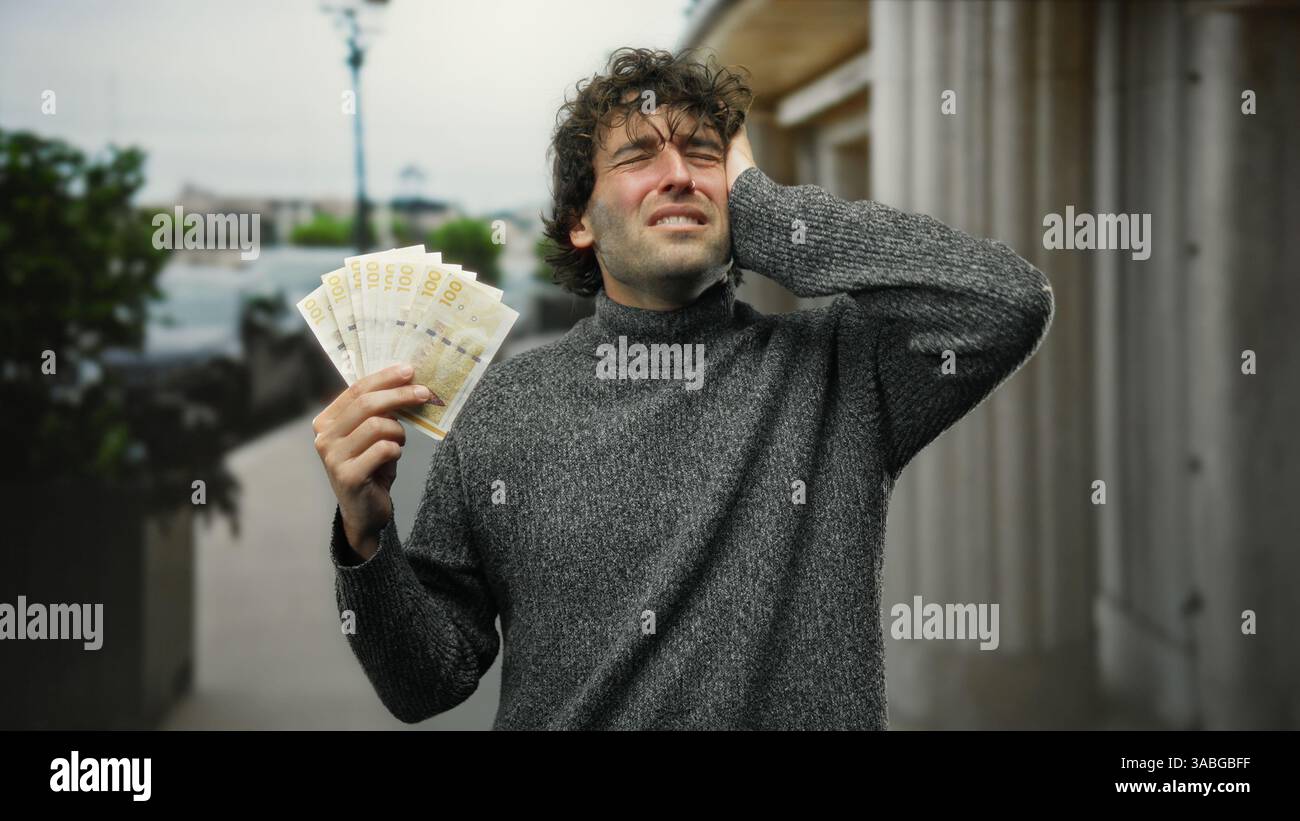 Ein Mann draußen auf der Stadtstraße hält norwegische Krone-Banknoten mit schmerzlichem Ausdruck, die eine finanzielle Entscheidung oder Besorgnis im Zusammenhang mit Gesundheit oder Mo Stockfoto