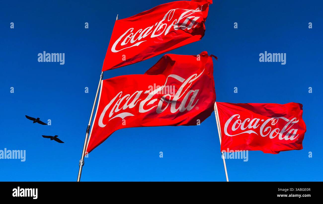 Brouwersdam / Netherslands 31.03.2025 Wehende Flaggen mit der Werbeaufschrift des US - Getränkehersteller Coca Cola sind auf dem Dach eines Schnellimbiss angebracht auf dem Dach eines Fast-Food-Restaurants sind winkende Flaggen mit dem Werbeaufschrift des US-Getränkeherstellers Coca Cola angebracht Foto: Norbert Schmidt, Düsseldorf Stockfoto
