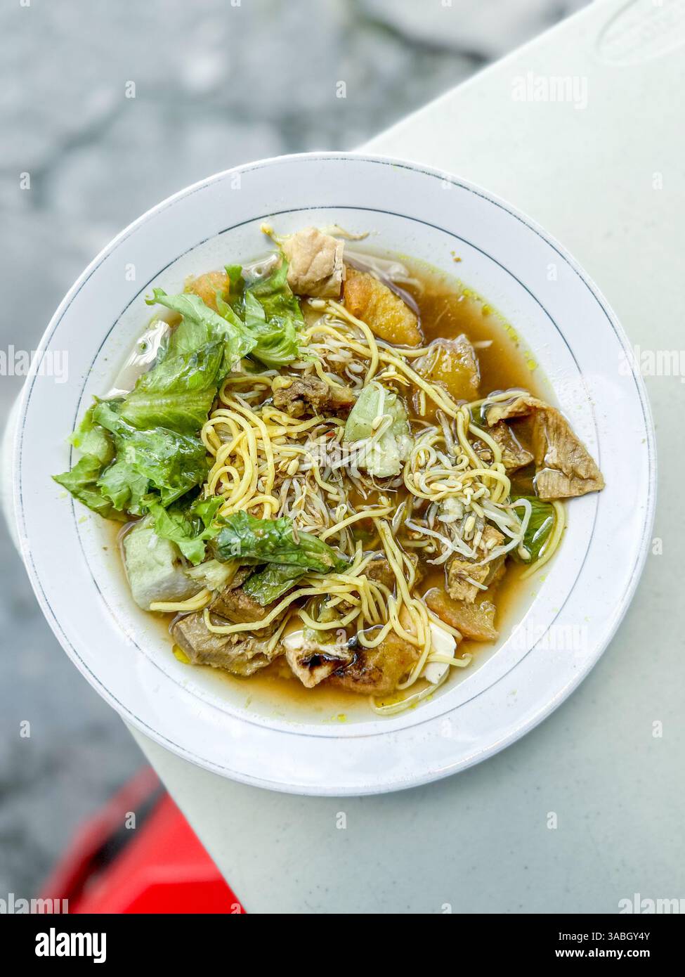 Tahu Campus ist indonesisches Essen. Bestehend aus Tofu, Fleisch, gedämpftem Reis, Sojasprossen, Salat, und lento Stockfoto