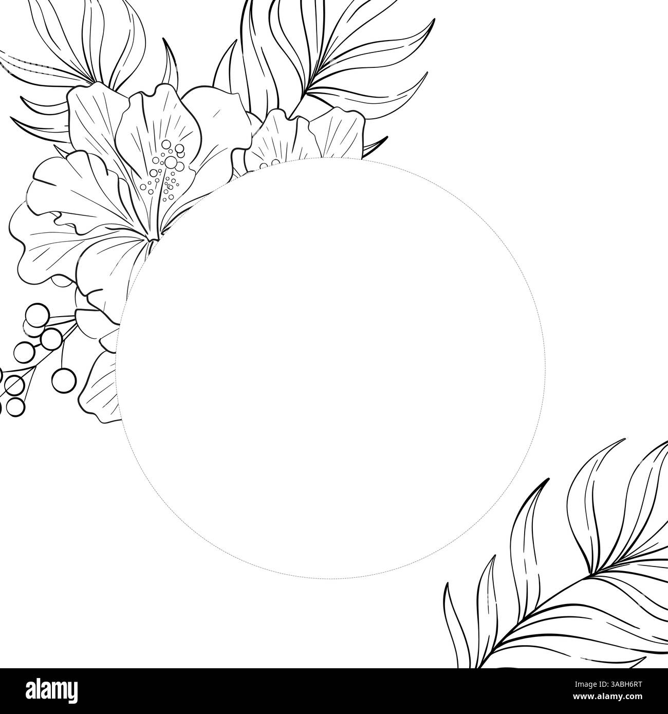 Vektorkreis Rahmen Hibiskus-Bouquet mit Palmblättern. Tropische botanische Illustration. Exotische, elegante Flora im Sommer. Schwarze Silhouette für Schaltkreis Stock Vektor