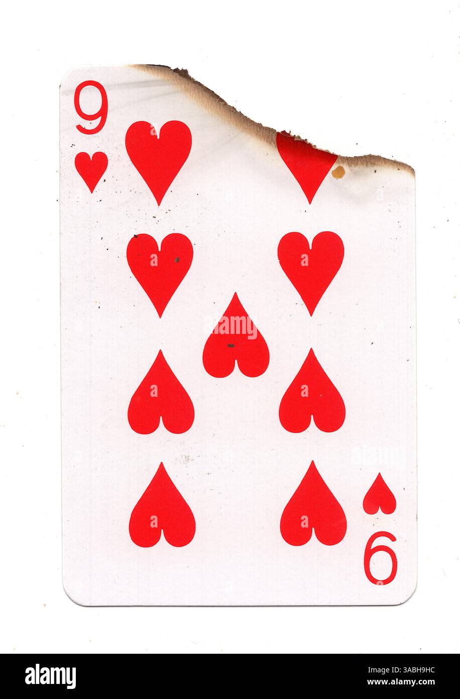 Eine teilweise verbrannte Spielkarte im Anzug der Herzen auf weißem Hintergrund. Stockfoto