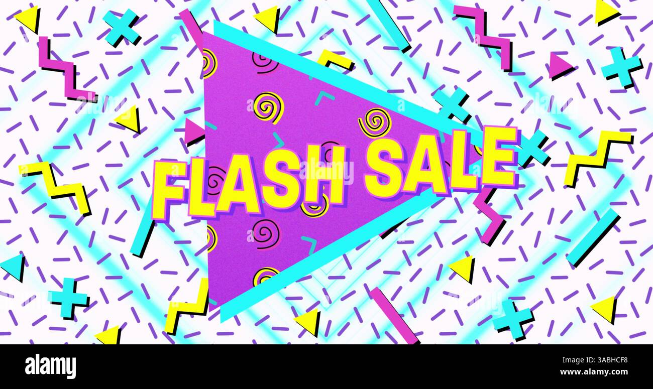 Abbildung des Flash-Verkaufstextes in gelben Buchstaben über einem farbenfrohen Retro-Muster Stockfoto Abbildung des Flash-Verkaufstextes in gelben Buchstaben über einem farbenfrohen Retro-Muster Stockfoto