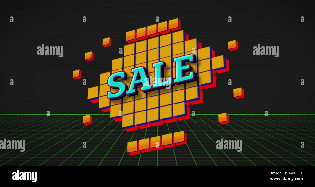 Verkaufstext über abstrakten Formen vor neongrünen parallelen Linien auf schwarzem Hintergrund Stockfoto