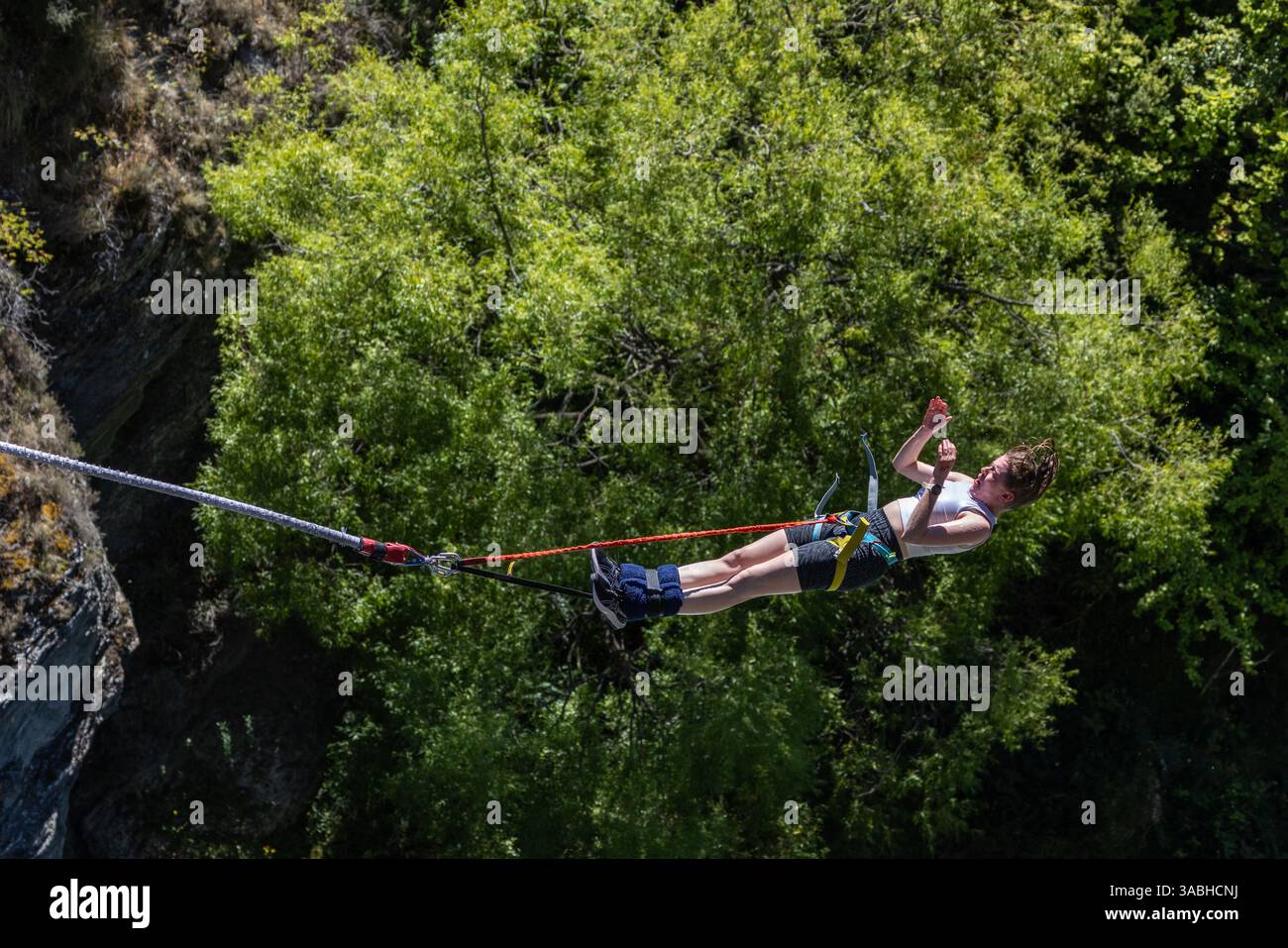 Bungy Jumper im AJ Hackett Bungy Centre, Kawarau River Gorge in der Nähe von Queenstown, Neuseeland Stockfoto