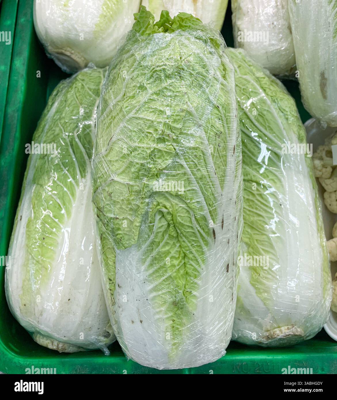 Napa-Kohl oder chinakohl in Plastikfolie auf dem Markt Stockfoto