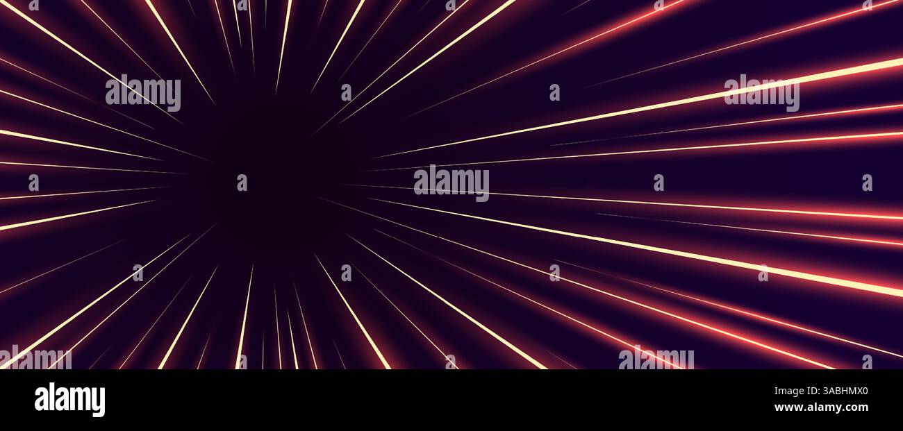 Burst-Effekt des Geschwindigkeitslichts. Dynamische radiale Bewegungsstreifen schießen von Mitte links nach außen und leuchten in einer futuristischen Neonexplosion. Ideal für Hyperspace, Rennen, Scifi-Tunnel oder schnelle Action-Designs. Stock Vektor
