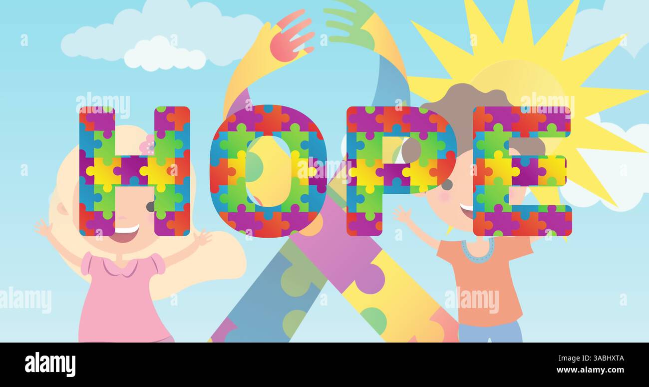 Bild von bunten Puzzleteilen, die ein Band bilden und Text über Kindern und Himmel hoffen Stockfoto