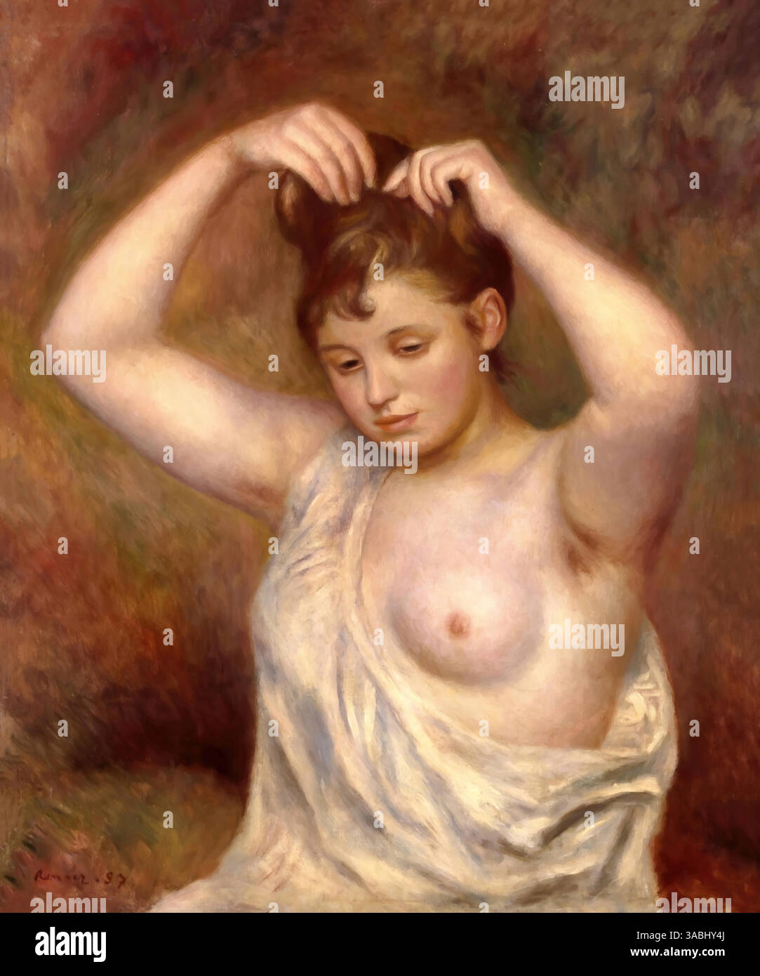 Frau arrangiert ihr Haar, 1887 (Gemälde) von Renoir, Pierre Auguste (1841–1919) Französisch Stock Vektor