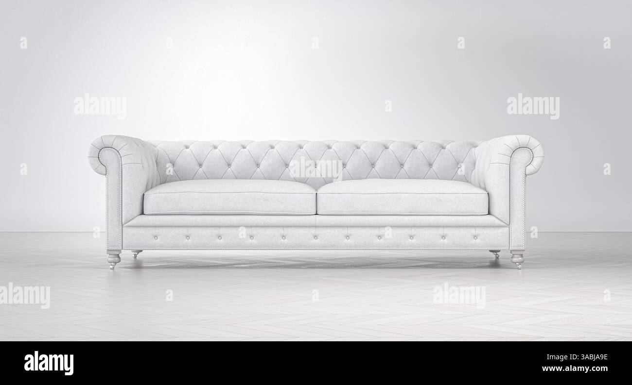 Weißes chesterfield Sofa mit minimalistischem Innendesign 3D Stockfoto