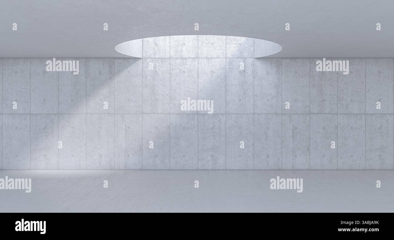 Leerer Betonraum mit kreisförmigem Oberlicht, die Wand 3D beleuchtet Stockfoto
