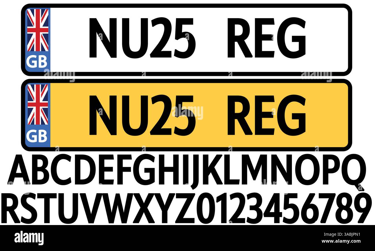 Fahrzeugkennzeichen und -Schriftzug (GB), Kennzeichen vorn und hinten, Grafikelement des neuen Autohändlers Stock Vektor