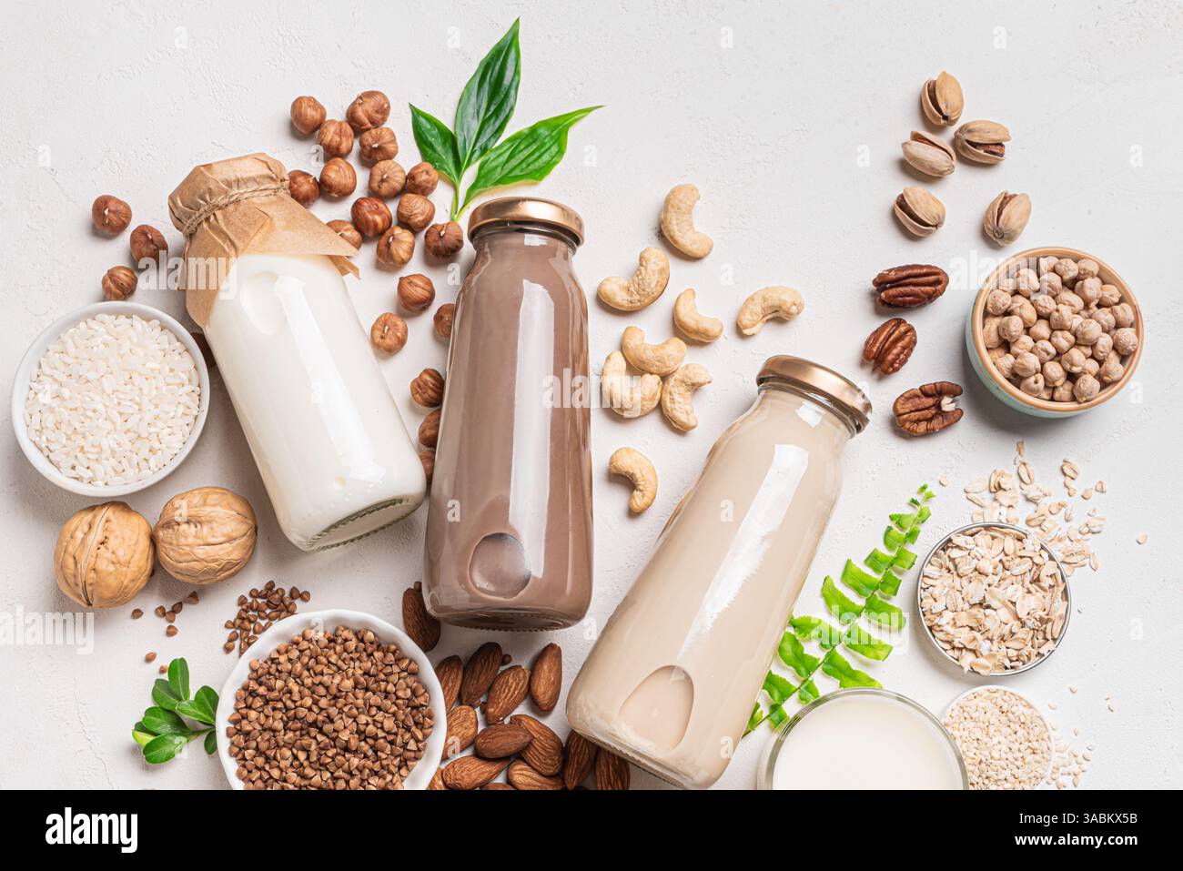 Verschiedene vegane pflanzliche Milch und Zutaten. Auswahl an Milch ohne Milchprodukte, laktosefreie Milch mit Nüssen und Körnern, Draufsicht. Ersatzgetränk, gesund c Stockfoto