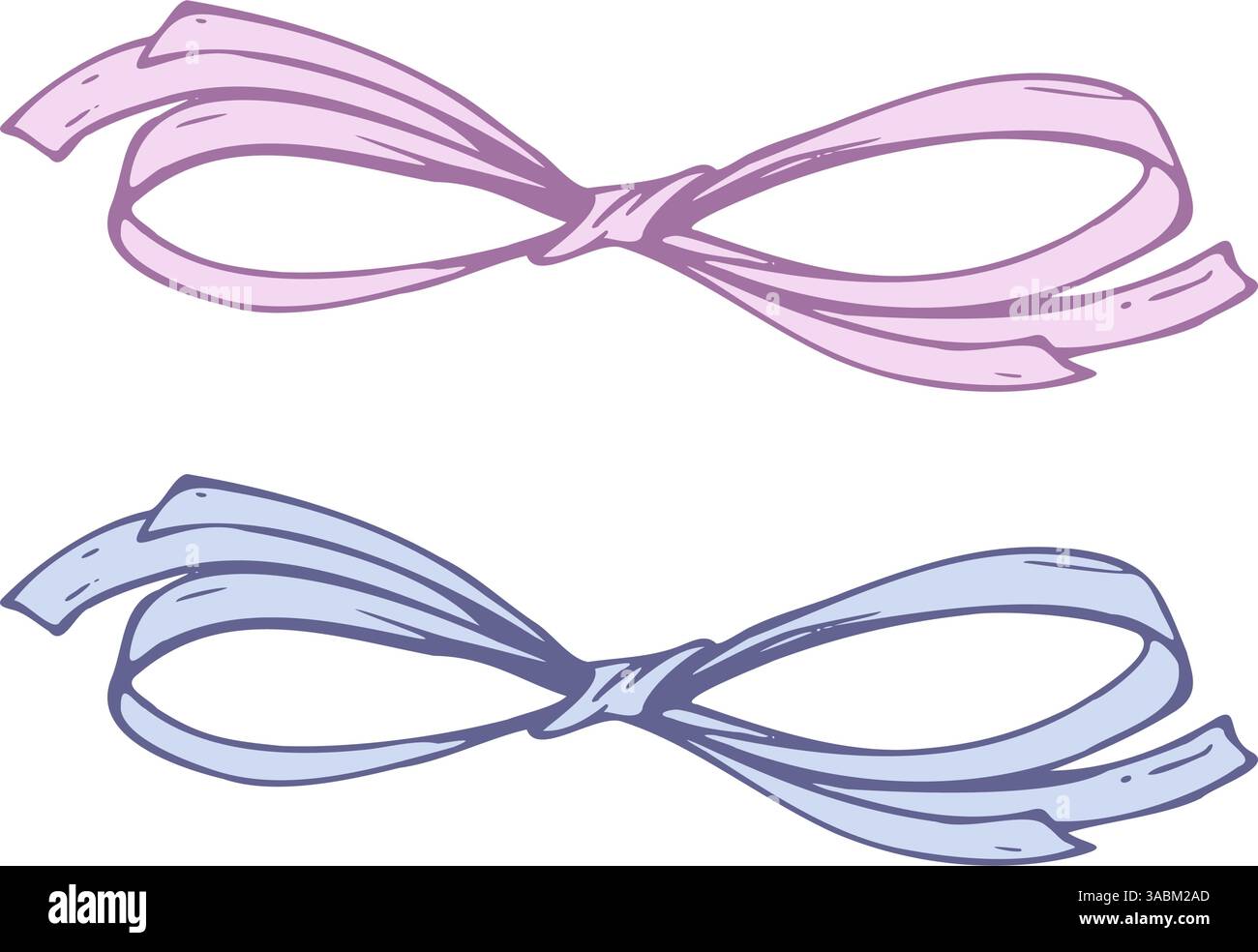 Satin, kleine, schlichte Schleife aus Stoff, dünne Bänder. Grafische Skizze Illustration von Hand gezeichneter Strichgrafik, Umriss in Blau und Rosa. Einfach isoliert Stock Vektor