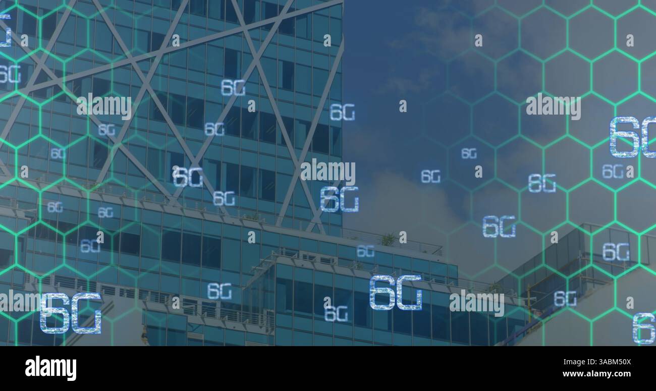 Bild des Netzwerks von Verbindungen mit 6g-Text über der Stadtlandschaft Stockfoto