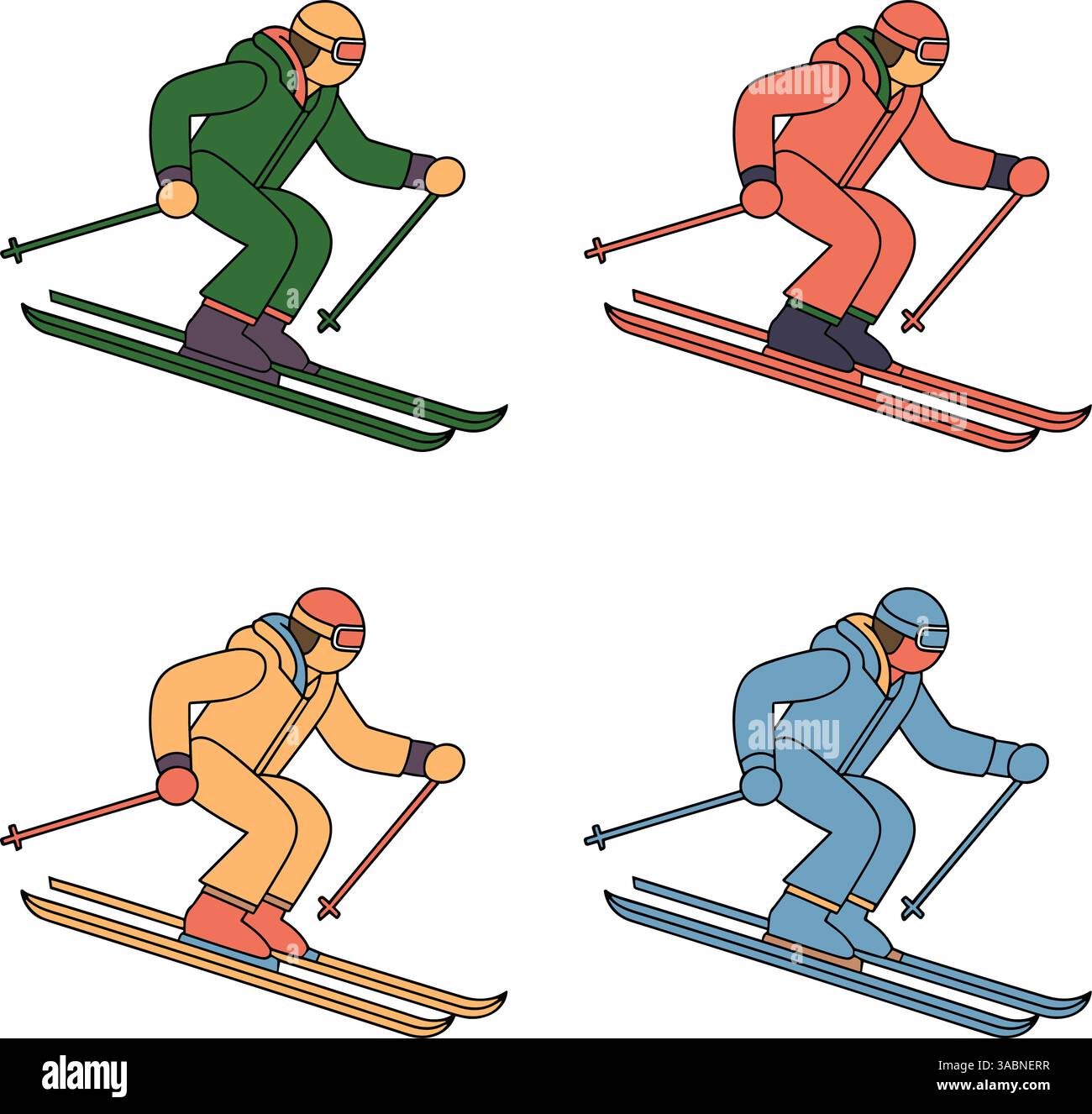 Eine farbenfrohe Illustration von vier Skifahrern in verschiedenen Outfits und Posen, die Skitechniken zeigen. Jeder Skier wird in einer dynamischen Position dargestellt, emp Stock Vektor
