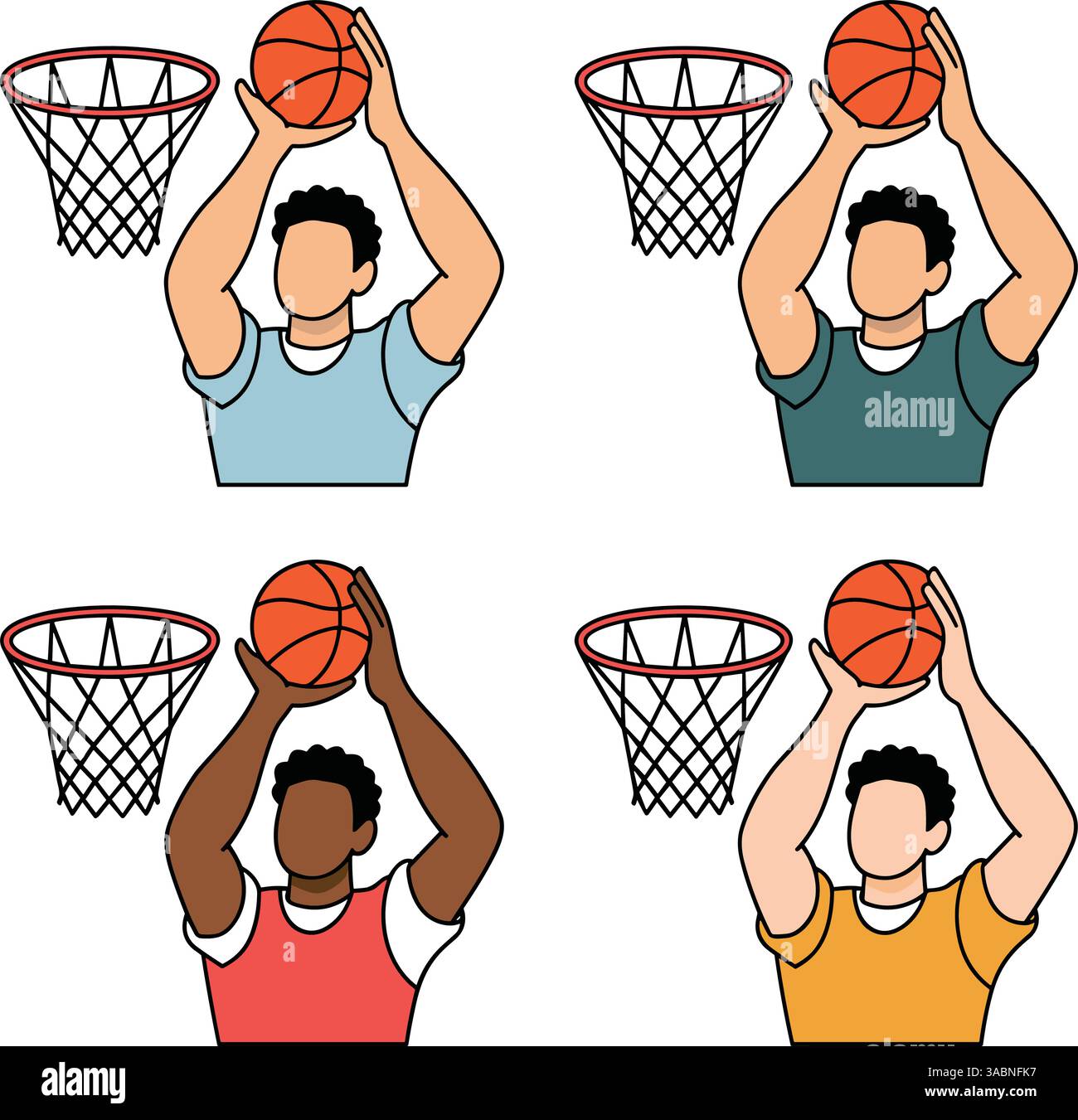 Ein Satz von vier Abbildungen, die Basketballspieler zeigen, die Basketballkörbe schießen. Jeder Spieler ist in einer anderen Position, mit unterschiedlichen Hauttönen und Hemdfarben. Stock Vektor