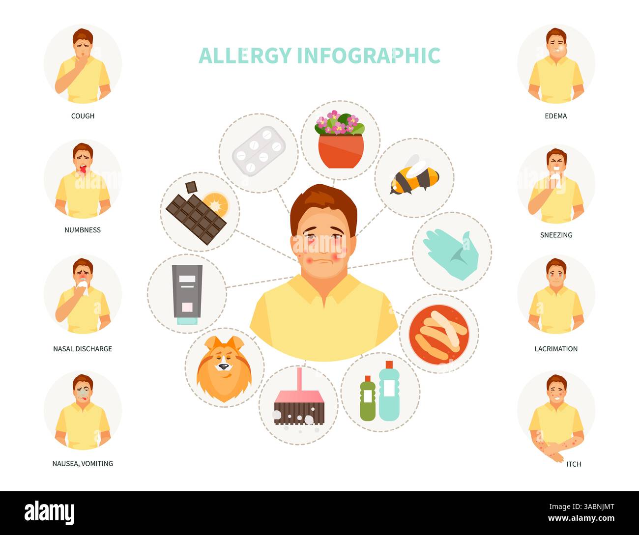 Hauptallergene und Allergiesymptome. Vektormedizinische Infografiken Stock Vektor
