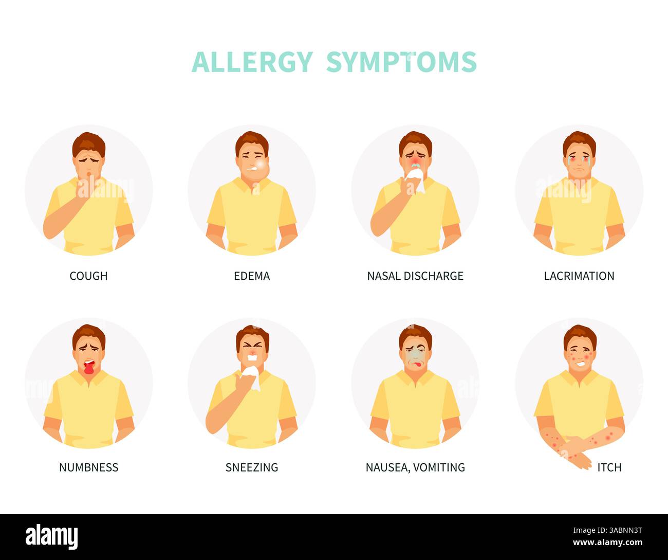 Kranker männlicher Charakter mit typischen Allergiesymptomen. Vektorabbildung Stock Vektor