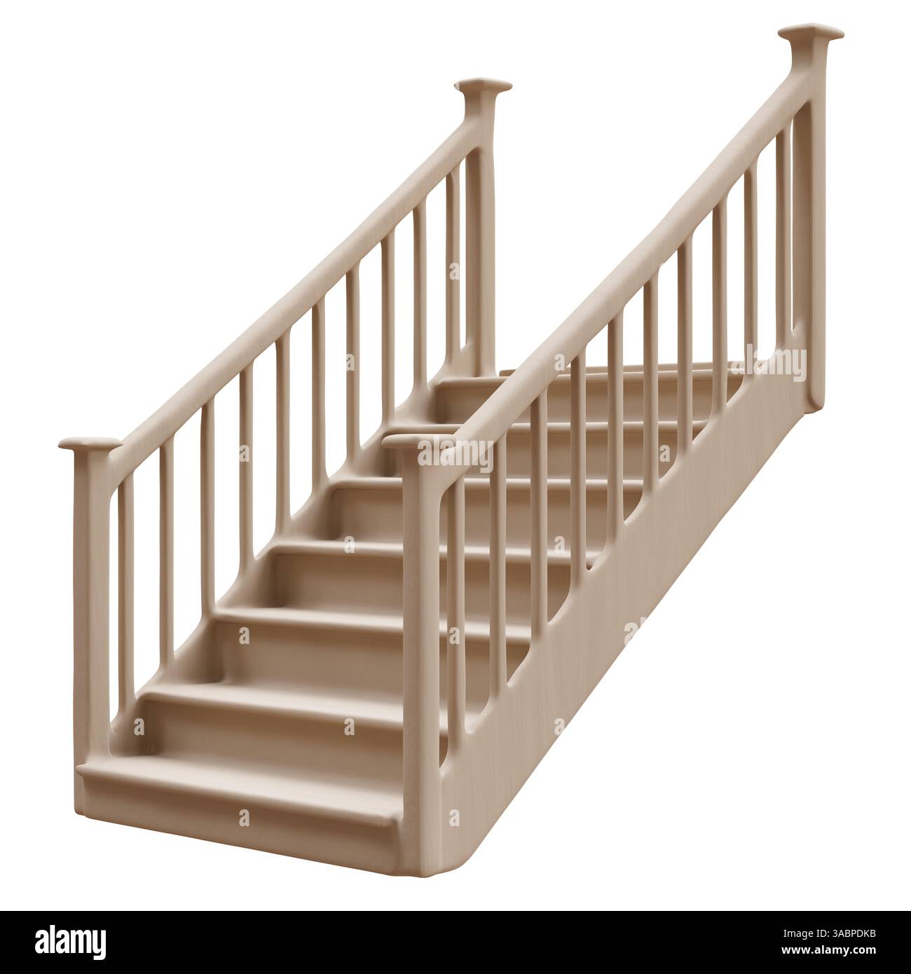 Holztreppe mit Geländer isoliert auf weiß, 3D-Putz Stockfoto