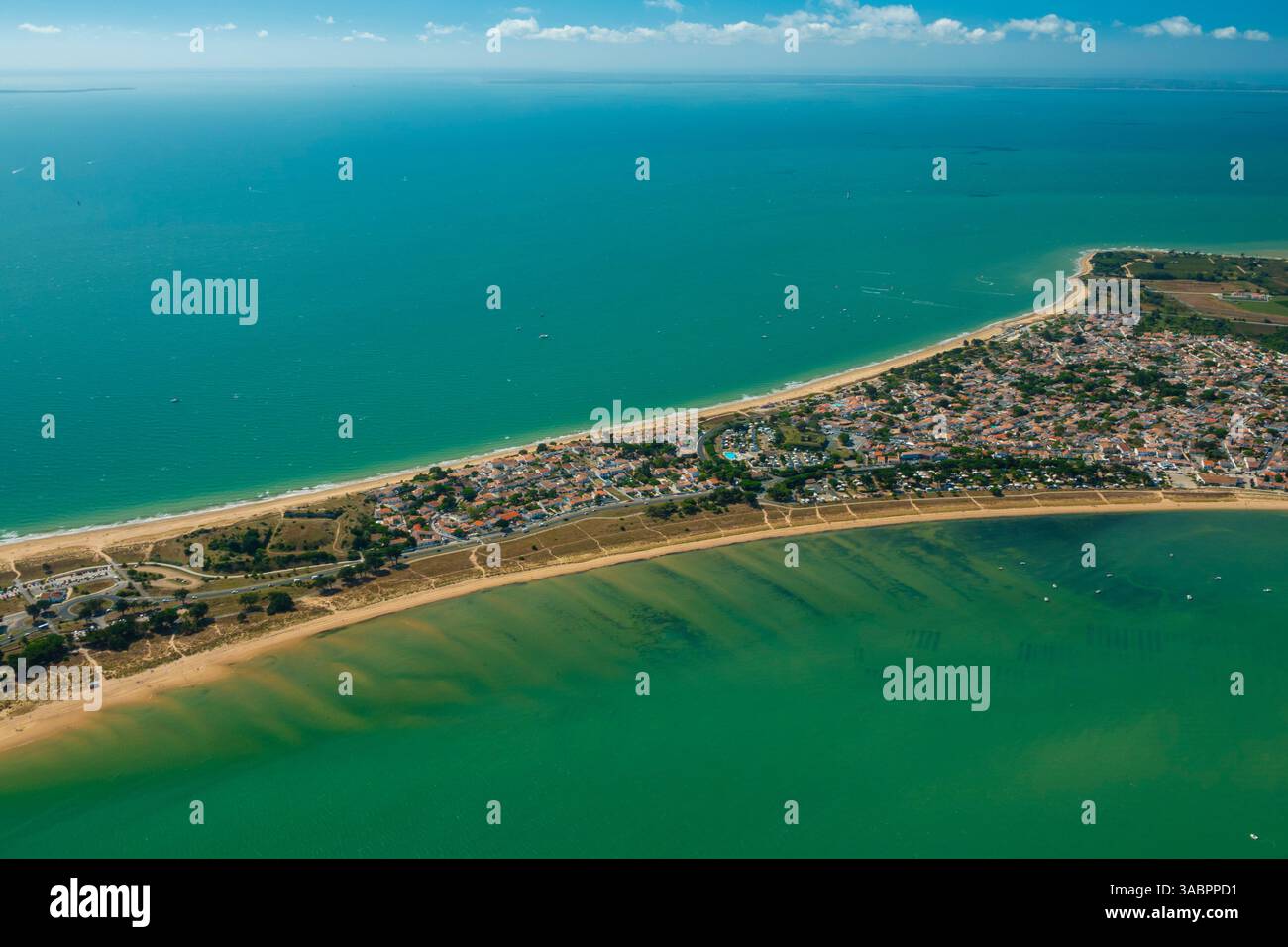 Aritime (17), Ile de Re Island, Rivedoux-plage, Sablanceaux, am linken Südstrand und am rechten Nordstrand (aus der Vogelperspektive) Stockfoto
