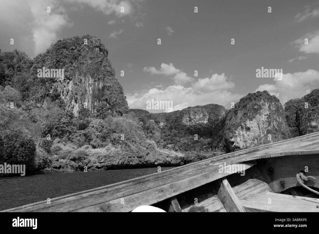 Über dem Dschungel erhebt sich eine riesige Kalksteinklippe, die von einem Langboot in Schwarzweiß genommen wurde Stockfoto