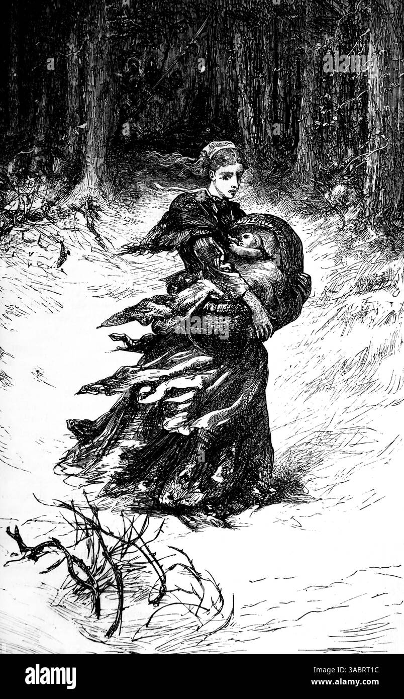 Illustration einer protestantischen Frau im Wald, die ihr Baby in einer Wiege trägt, die vor den katholischen Truppen lief, die sie erwischten und beide töteten Stockfoto