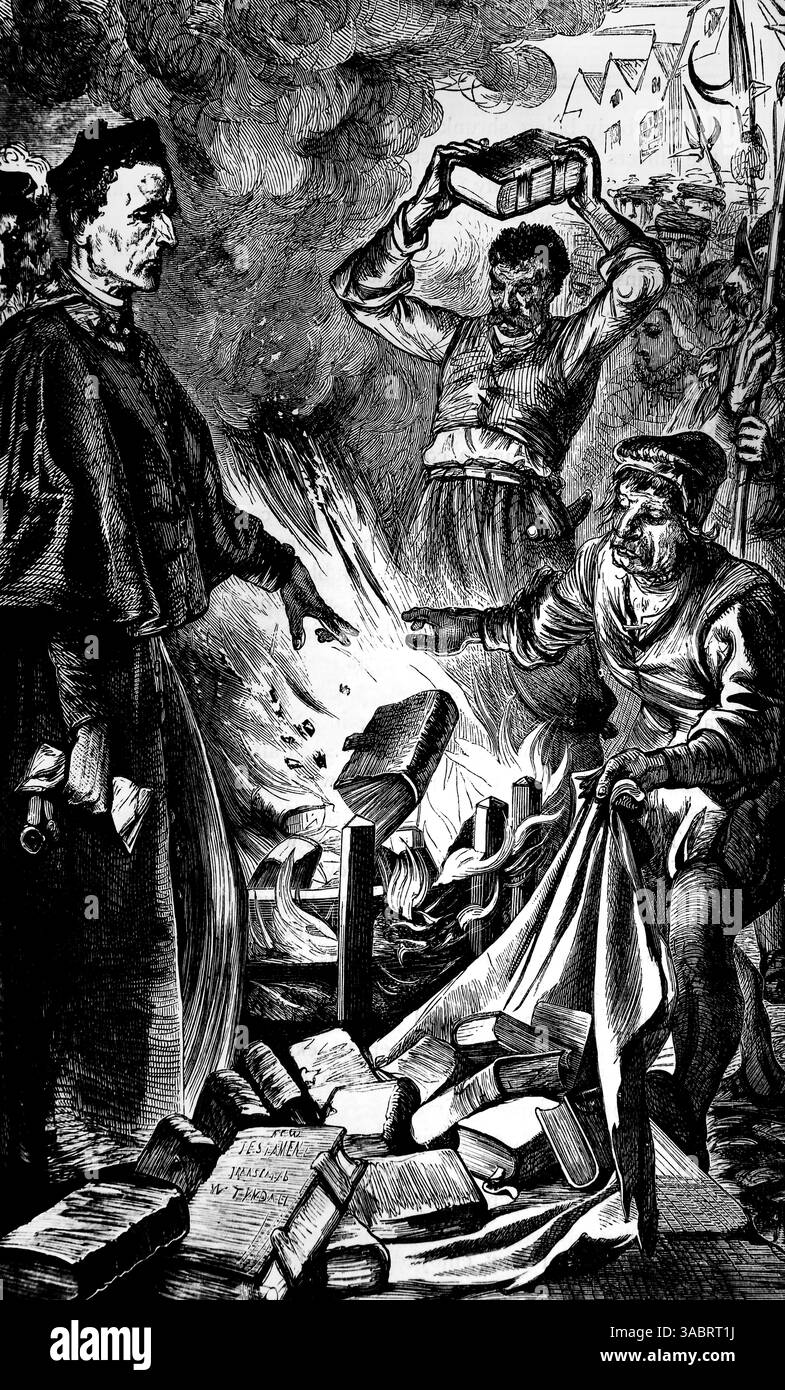 Illustration von Cuthbert Tunstall Bishop of London Burning First Editions Kopien von William Tyndales neuem Testament 1526 gezeichnet von T. Morten und engr Stockfoto