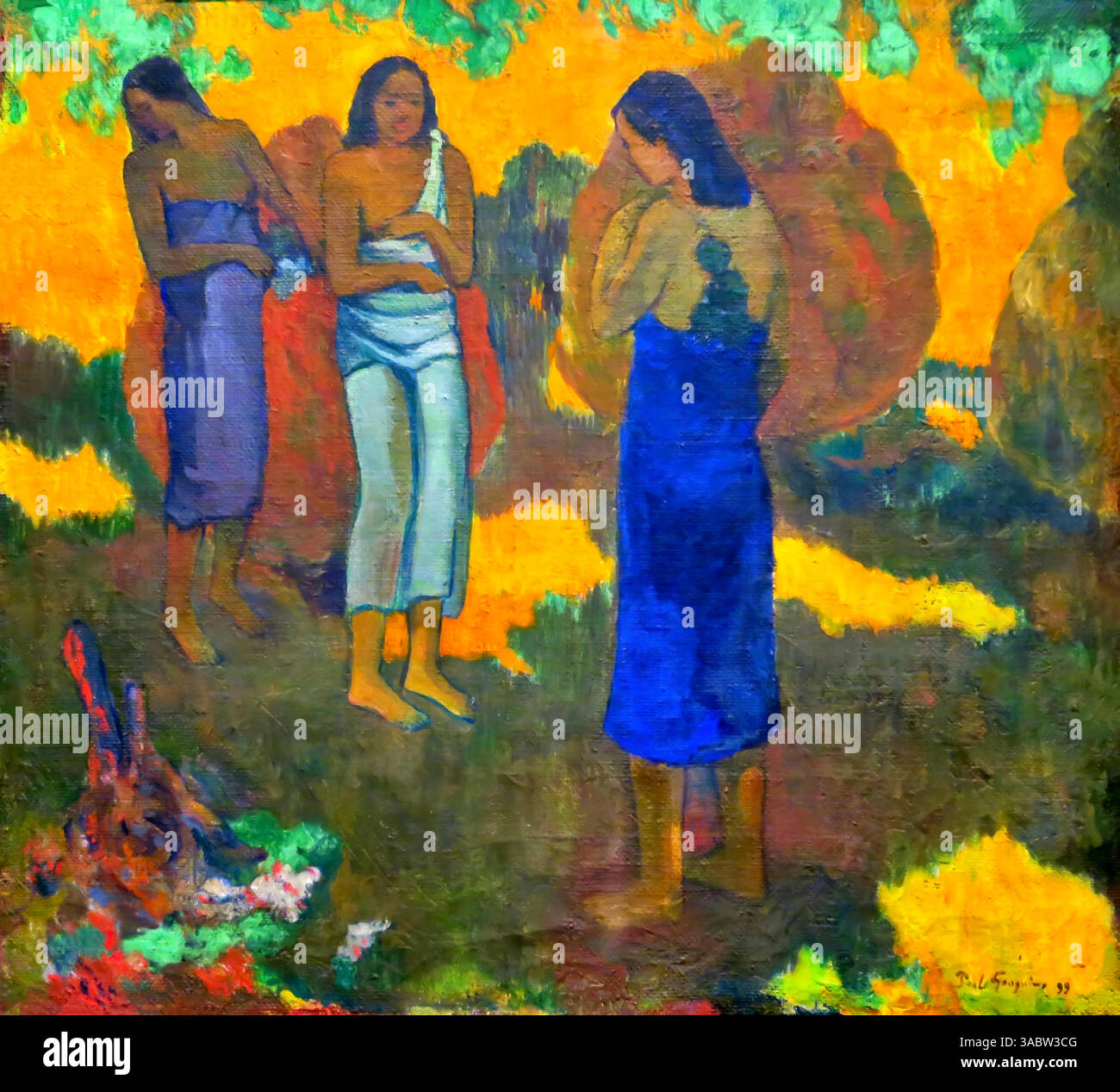 Trois tahitiennes sur Fond jaune, 1899: Paul Gauguin Stock Vektor