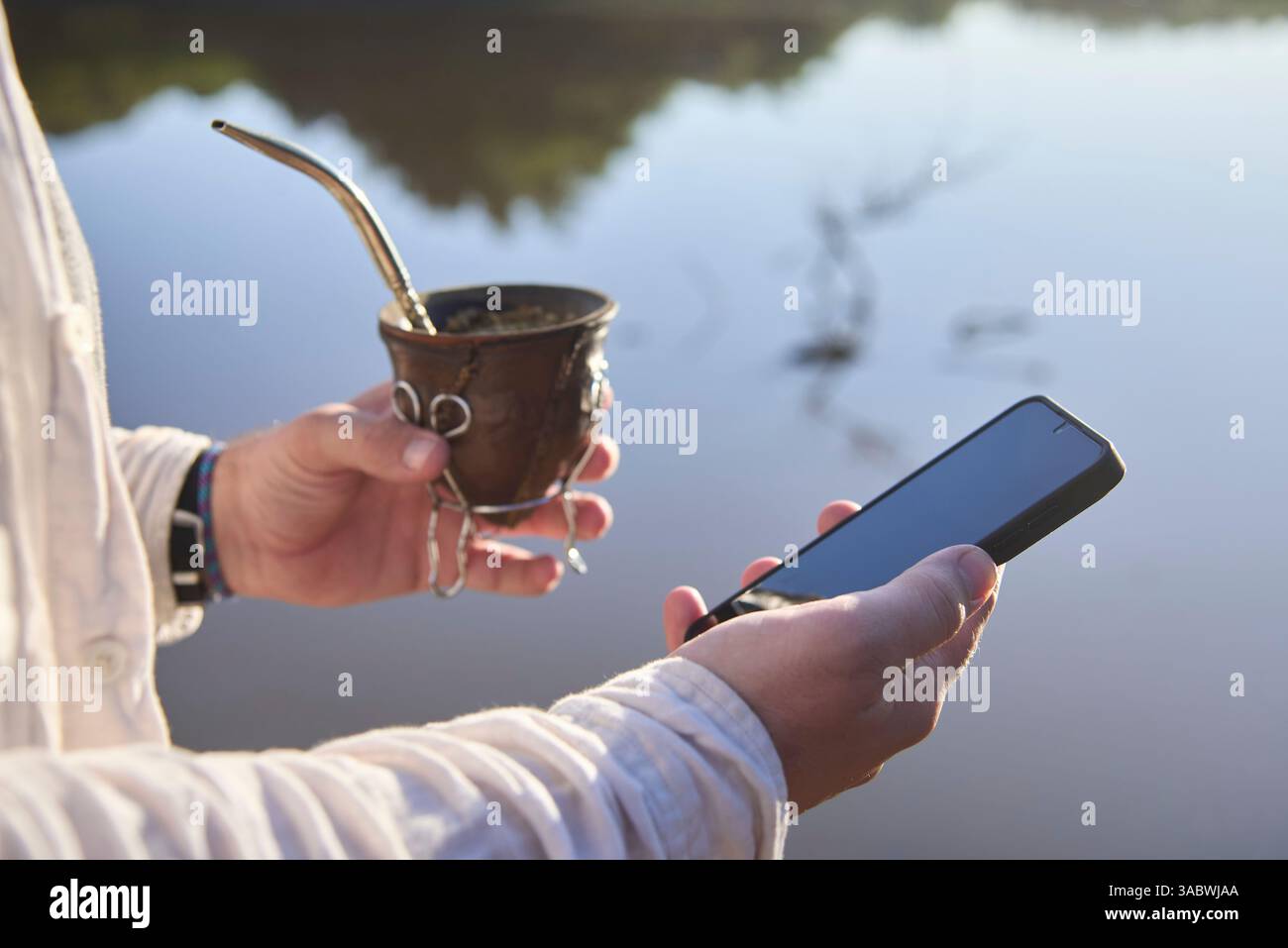 Nicht erkennbare Person, die sein Smartphone benutzt, während er im Freien, in der Natur, Freunde trinkt. Selektive Fokussierung auf das Telefon, wobei die Verwendung von Kommunikationsmitteln hervorgehoben wird Stockfoto