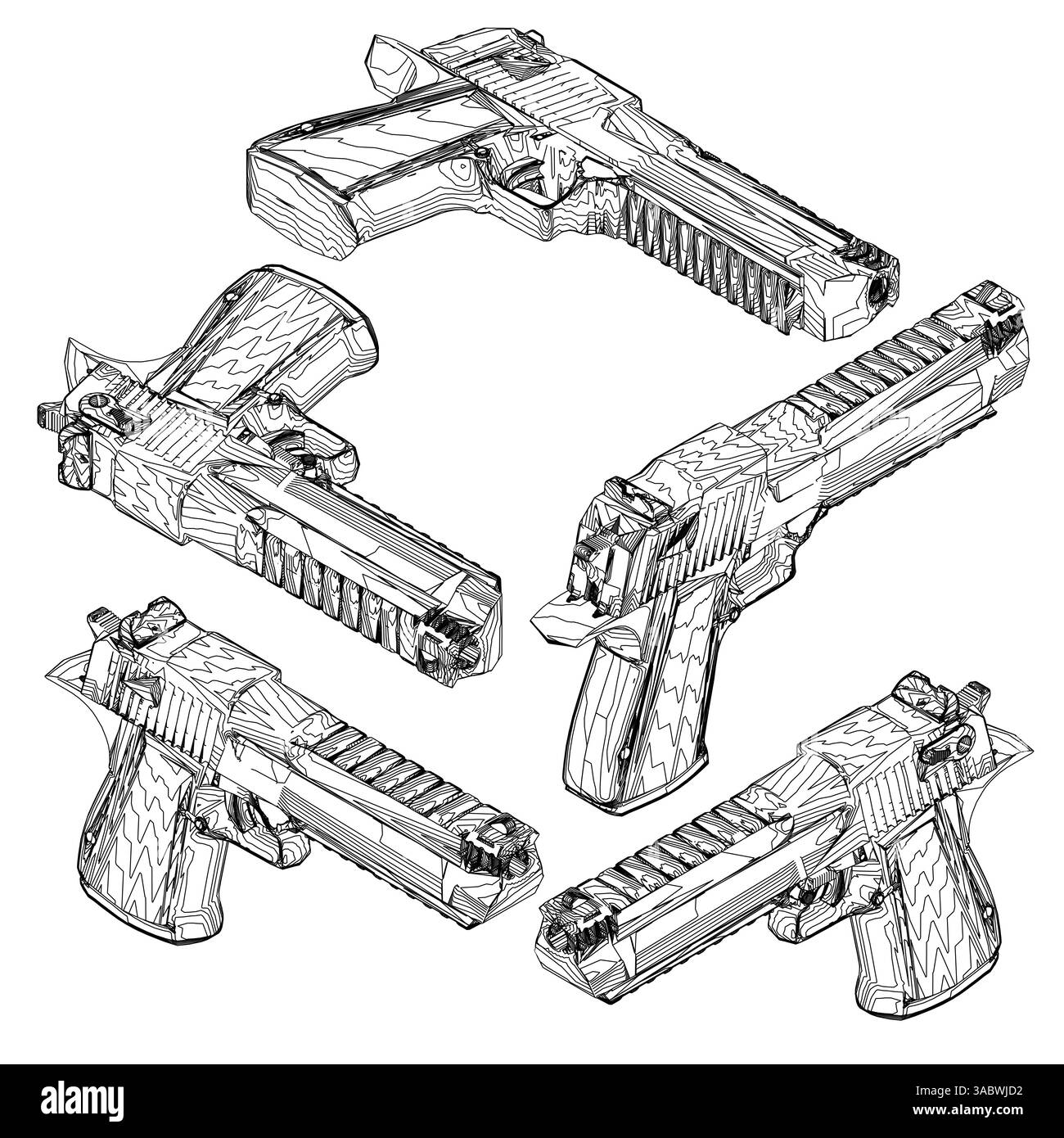Eine schwarz-weiße Zeichnung von Kanonen Wüstenadler, jede mit demselben Design. Die Szene ist ernst und konzentriert sich auf die Details der Waffen. Isometrische Ansicht. 3D Stock Vektor