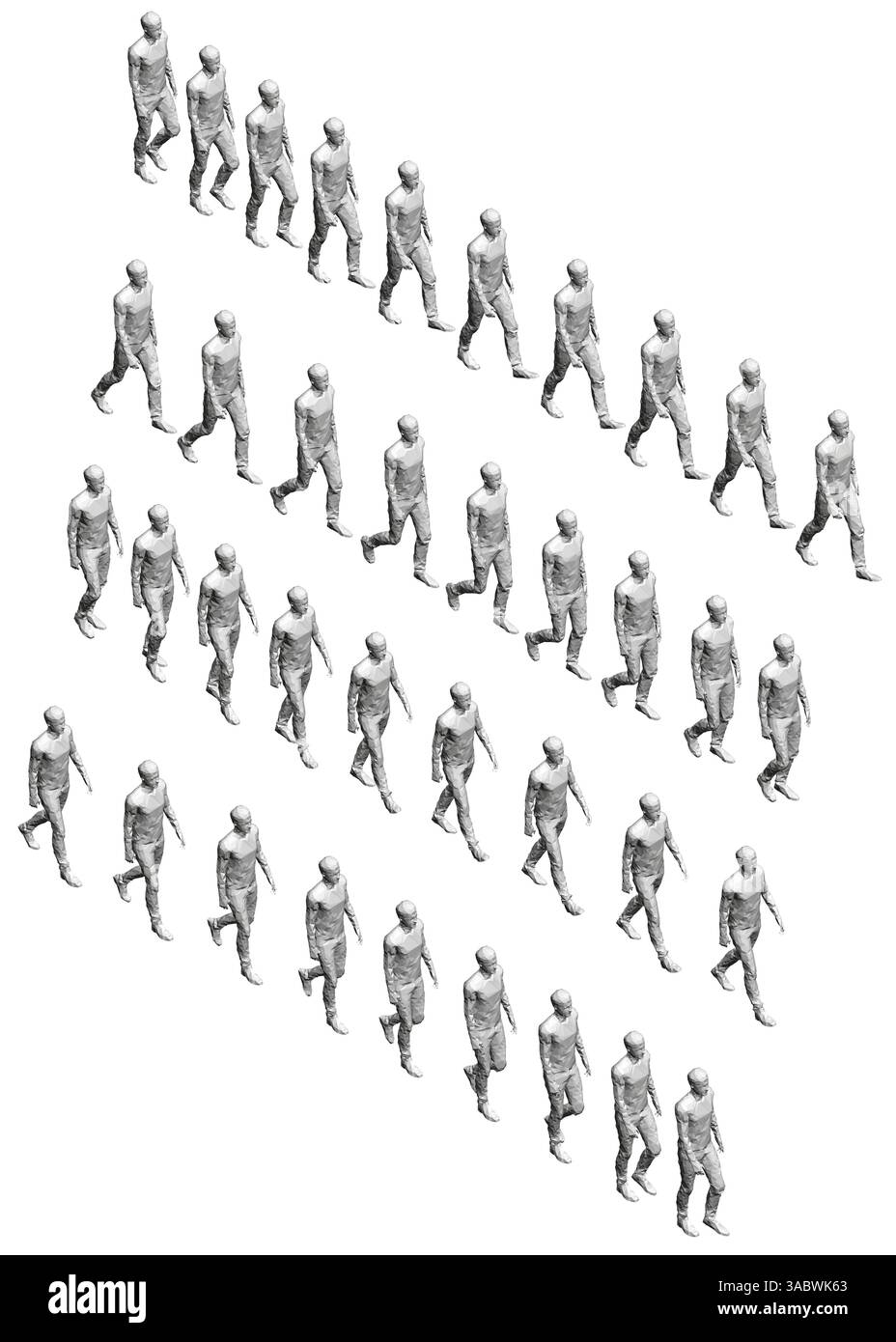 Eine Gruppe von Menschen läuft in einer Schlange. Die Leute sind alle gleich groß und laufen in einer geraden Linie. Isometrische Ansicht Stock Vektor