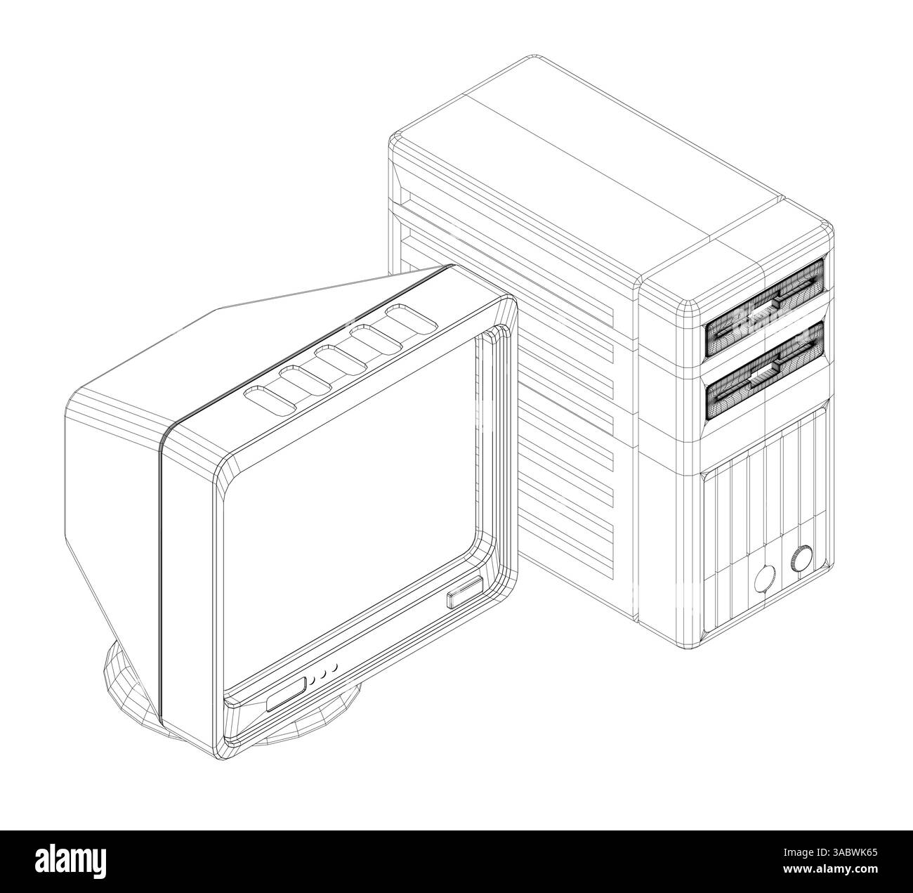 Ein Computermonitor und ein Computerturm sind nebeneinander dargestellt. Der Monitor ist schwarz und der Turm weiß. Isometrische Ansicht Stock Vektor