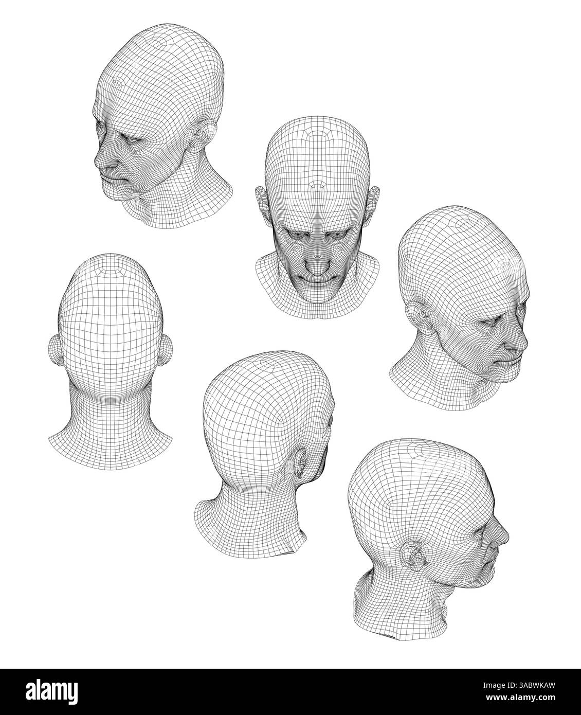 Eine Serie von Zeichnungen von Köpfen mit schwarzem Hintergrund. Die Zeichnungen sind alle verschiedene Ansichten. Isometrische Ansicht. 3D Stock Vektor