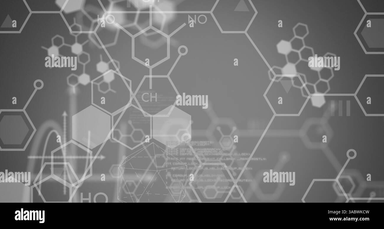 Abbildung chemischer Formeln über Datenverarbeitung auf grauem Hintergrund Stockfoto