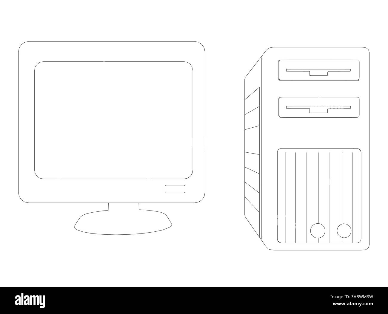 Ein Computermonitor und ein Computerturm sind nebeneinander dargestellt. Der Monitor ist schwarz-weiß und der Turm weiß. Der Monitor wird auf einem Sta platziert Stock Vektor