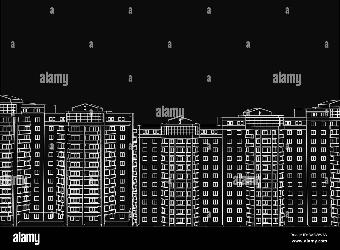 Eine schwarz-weiße Zeichnung einer Skyline der Stadt mit hohen Gebäuden. Die Gebäude sind alle gleich hoch und nebeneinander angeordnet. Der Himmel ist Stock Vektor