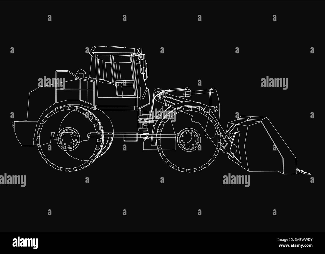 Eine schwarz-weiße Zeichnung eines Traktors mit einer großen Schaufel vorn. Der Traktor wird mit jedem Teil der Maschine sehr detailliert dargestellt Stock Vektor