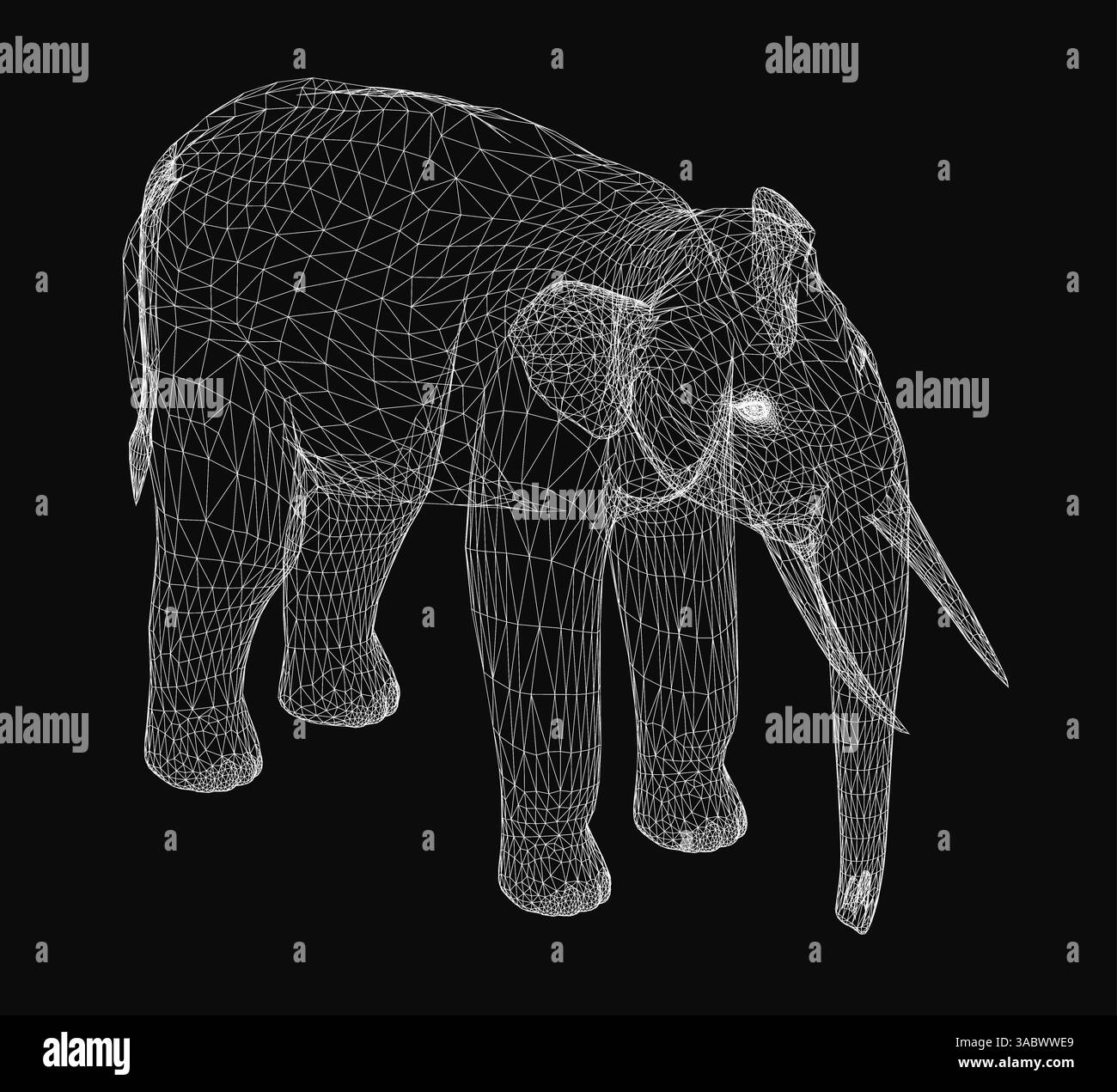 Eine Schwarzweißzeichnung eines Elefanten. Der Elefant steht auf schwarzem Hintergrund. Die Zeichnung ist sehr detailliert und hat viele Linien. Die Ele Stock Vektor