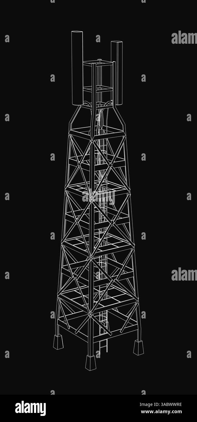 Ein hoher Turm mit vielen Drähten und Metallstangen. Der Turm ist schwarz-weiß Stock Vektor