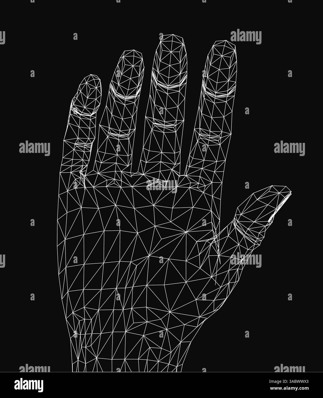 Eine Hand wird in Schwarz-weiß mit vielen Details dargestellt. Die Hand besteht aus vielen kleinen Dreiecken, was ihr ein sehr realistisches Aussehen verleiht. Wir Stock Vektor