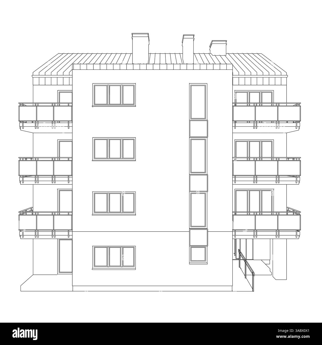 Ein großes Gebäude mit vielen Fenstern und Balkon. Das Gebäude ist sehr hoch und hat viele Fenster Stock Vektor