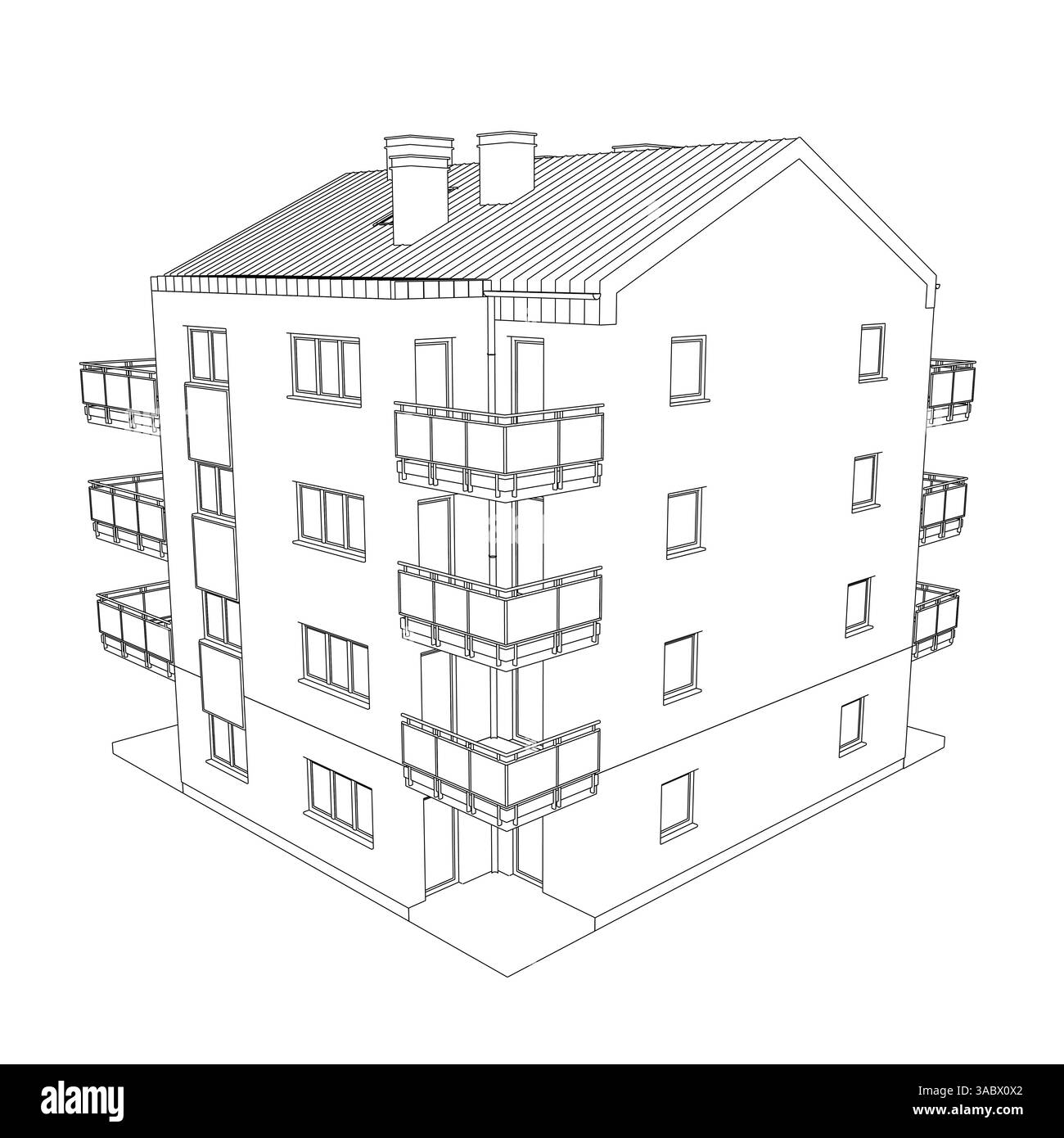 Ein großes Gebäude mit vielen Fenstern und Balkonen. Das Gebäude ist sehr hoch und hat viele Fenster Stock Vektor